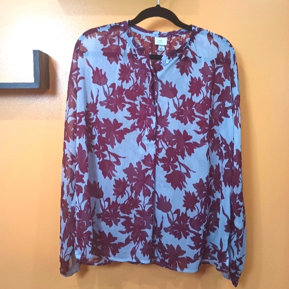 A New Day Maroon & Light Gray Long Sleeve Front Button Semi Sheer Top Size L - Picture 3 of 10